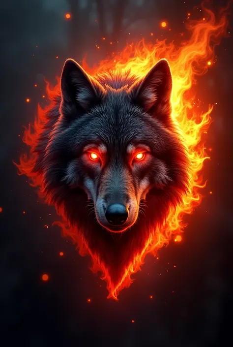 A logo of a fierce wolf, body of fire flame, with eyes symbolizing a glowing red pill 