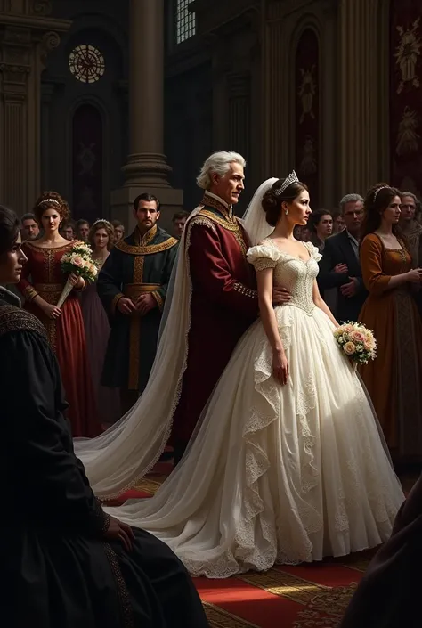 Renaissance wedding with young woman in white dress and wealthy older man