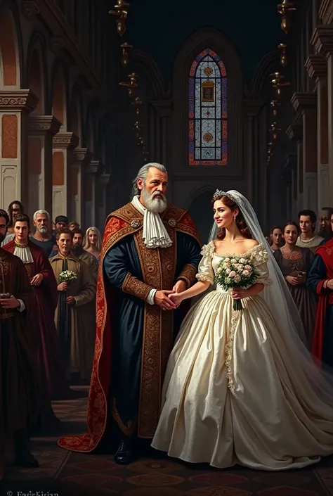 Renaissance wedding with young woman in white dress and wealthy older man