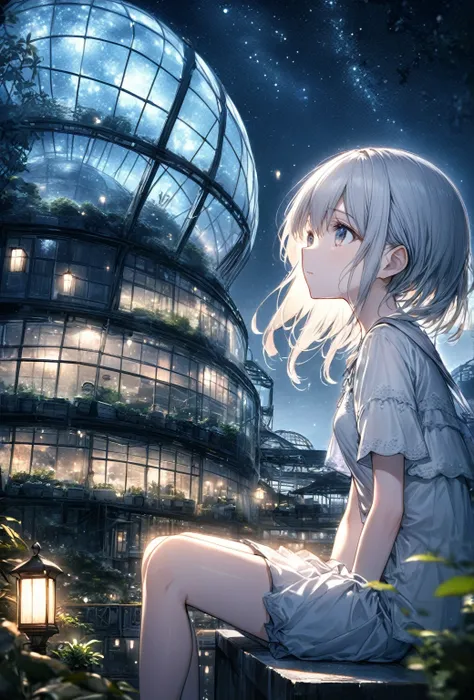 Highest quality, masterpiece, Very detailed, Detailed Background, anime, One girl, Young girl, Short girl, sf, sf, Outdoor, night, Starry Sky, greenhouse, huge structure, Biodome, Wind景, scenery, horizon, rooftop, sitting on rooftop, Wind, avert your eyes,...