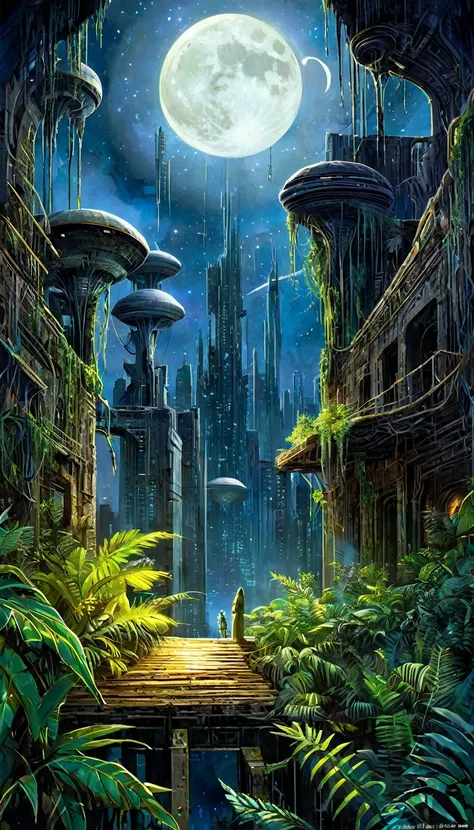 Enter the mysterious nighttime expanse of a deserted city, where moonlight cascades down on the skeletal remains of wooden structures, intertwined with the sturdy tendrils of jungle vegetation. Arriba, The cosmic tapestry is interrupted by the great spaces...