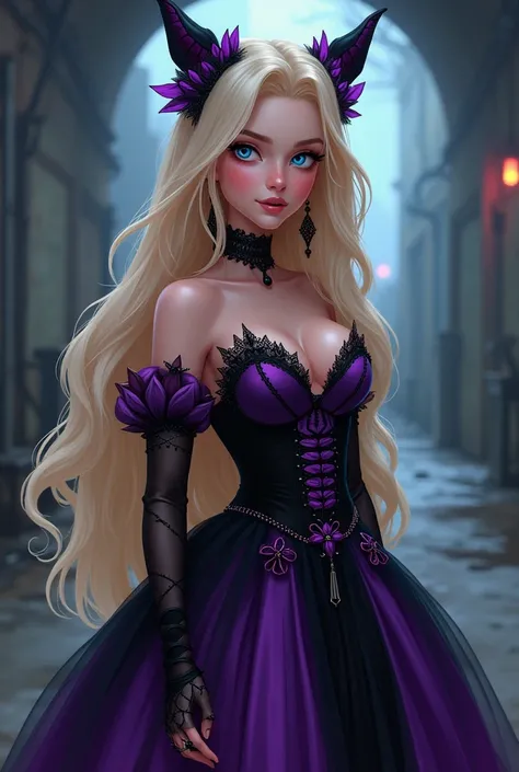 Full body. Disney princess. A young woman on her 20s with long blond hair and blue eyes. Shes wearing a lolitta dress (purple,and balck). underground style