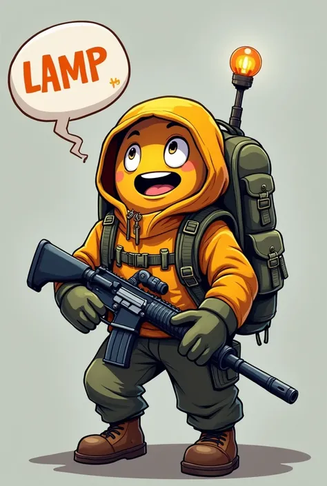 a pubg mobile character playing with an m416 rifle in his hand. Although, this character is a kind of backpack. Above the image I need to have the following description: "lamp" and a speech bubble talking "carry me, I want to fight"
