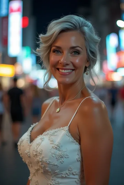 Realistic portrait of a busty woman, 60 years old, wearing an elegant white dress with floral motifs . Location of street city night view background. She must have a natural appearance., curvilinear shapes, blue eyes, gray hair, smile. I took this high res...