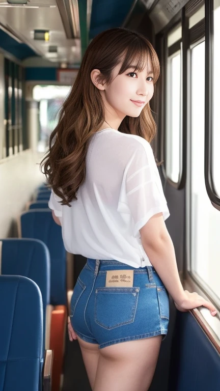 photo-realistic image quality、japan railways、japanese trains、(very short pants、oversized hot pants:1.3)、(denim fabric hot pants)...