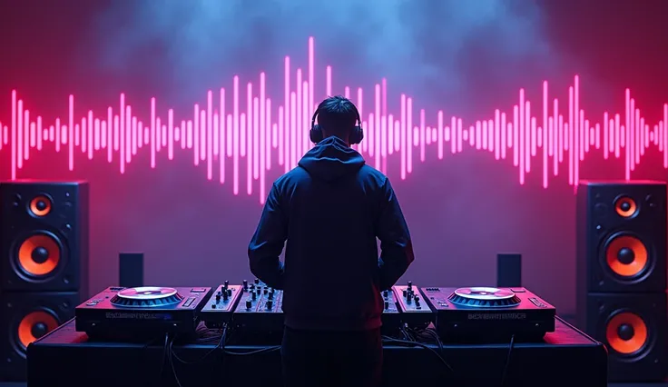 an electronic music DJ, in the background neon sound waves coming out of speakers