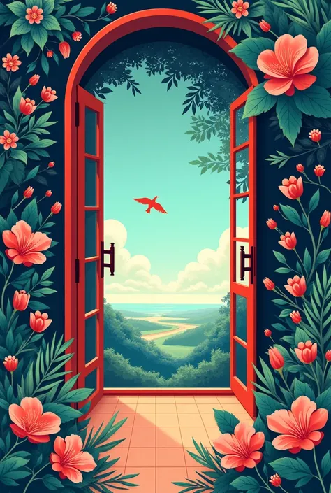 digital illustration that combines the graphic styles of pamela chen, erica zeledon and silvia mauri. it uses the entrance of a open door with flowers, birds and a surreal landscape.