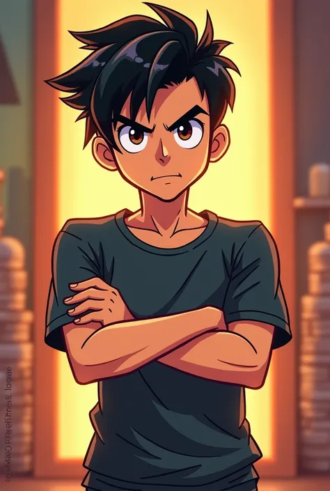 create a male character in total drama style with short black hair and brown eyes arms crossed and full body