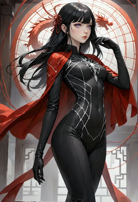 standing alone, female, long straight black hair, bangs straight, Hime cut, light purple eyes, 苗条, fine tune, very high, pale white skin, stylish clothes, medium breasts, long quaril.  futurist, increases:0.1 Spiderwoman, All black body-hugging uniform wit...