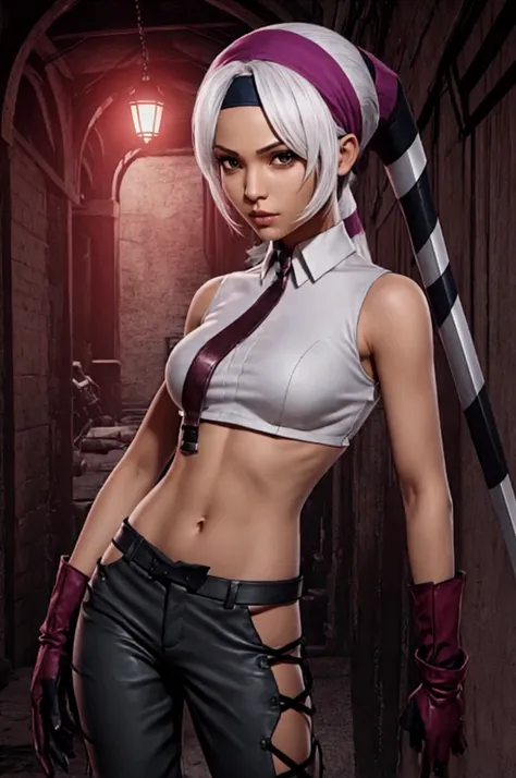 foxyms, headband, gloves, pants, pauldrons, navel, shirt, sword, half body, 1woman