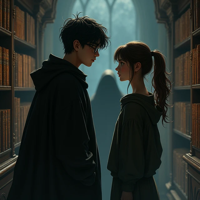 a dark figure, The Enigma, appears in the shadows of the library, watching Alex (2 young man, delgado, with messy black hair and dark eyes and wears glasses) and Mia  (2 woman, slender, with brown hair tied back in a ponytail and green eyes)