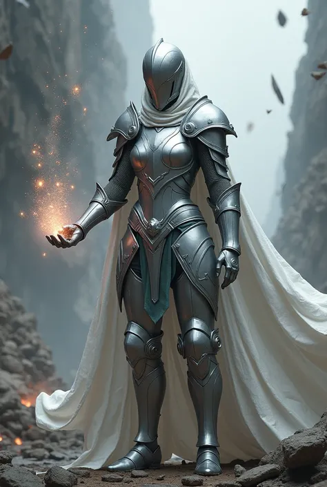 Female knight in silver armor and silver closed helmet creating metal clone to aid her in battle 