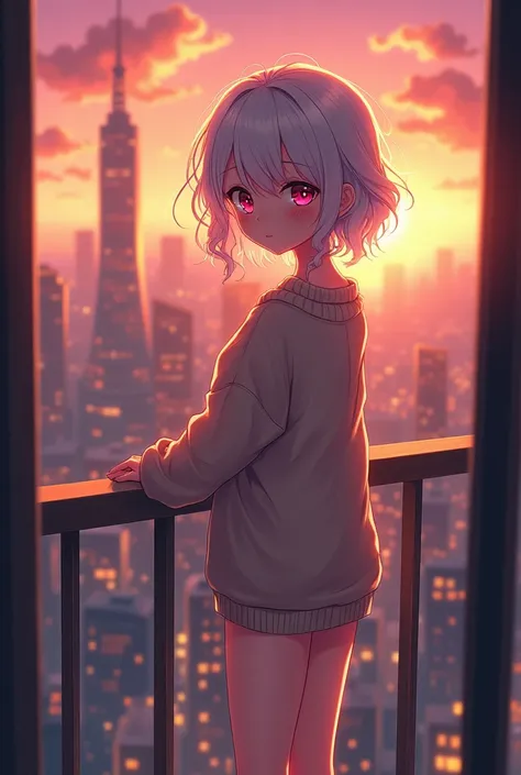 Sweater, anime girl, balcony, skyscraper, sunset, detailed, pink eyes, tall white hair, curly hair, panties, blushing, smiling