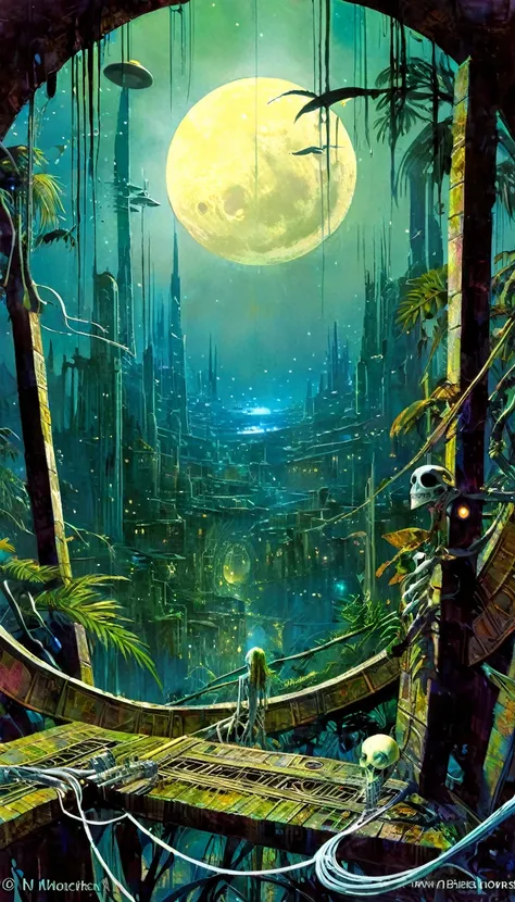 Enter the mysterious nighttime expanse of a deserted city, where moonlight cascades down on the skeletal remains of wooden structures, intertwined with the sturdy tendrils of jungle vegetation. Arriba, The cosmic tapestry is interrupted by the great spaces...