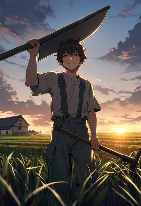 In the rural fields、A young farmer in rough clothes stands with a hoe in his hand。His face is filled with determination and ambition for the future.。In the background are vast rice fields and small farmhouses.、A pale golden light shines into the sunset sky...