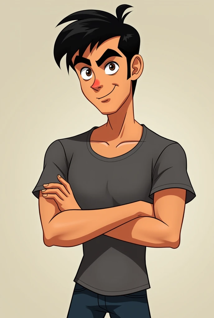 create a male character in the total drama style with very short black hair and brown eyes arms crossed from the waist up