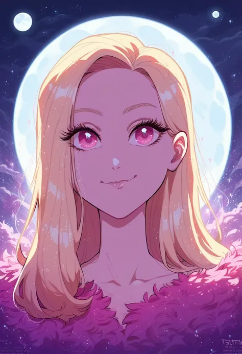 score_9, score_8_up, score_7_up, very aesthetic, 1girl, solo, blonde hair, moon, blue theme, pink eyes, portrait, glitter, smile...