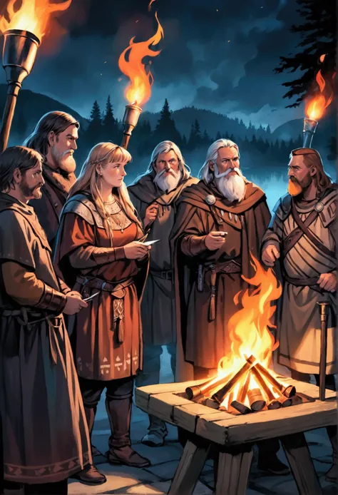 Create a character sheet for a meeting of Iron Age Germanic trivial chieftains at an open-air meeting at night under the light of the torches