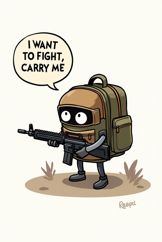 a pubg mobile character playing with an m416 rifle in his hand. Although, this character is a kind of backpack (he looks like a little backpack holding a rifle). The image must have a speech bubble with the following sentence: "I want to fight, carry me"