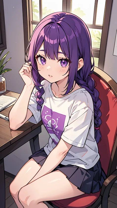 Girl1,, triangular face, purple eyes,purple hair, Double braid hair sideways and straight, lips,shiny hair,sitting in chair,home,short skirt, t-shirt , high resolution, high detail, very detailed