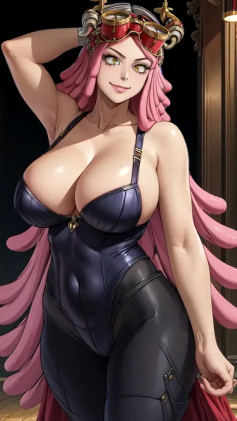 MeiS2, Pink hair, Goggles on head, Symbol-shaped pupils, Yellow eyes, medium hair, gigantic breasts, cleavage, leotard, 1girl, correct anatomy, BREAK, ((masterpiece, highest quality, best quality, official art, beautiful and aesthetic: 1.2, extremely detai...