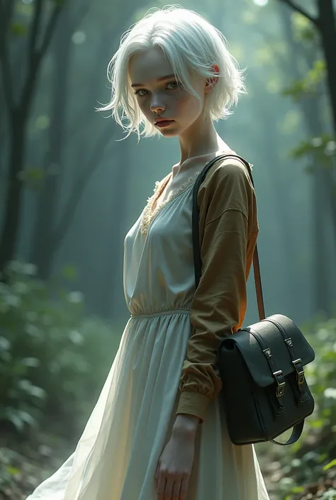 An albino woman with short, layered hair, I have a scar on my right eye, occultist with blood affinity, wearing a white dress and a brown long sleeve blouse underneath the dress, a combat boot and a messenger bag 