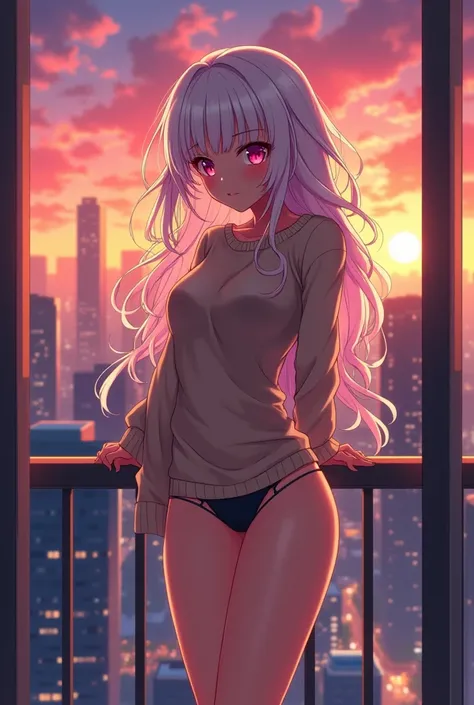 Sweater, anime girl, balcony, skyscraper, sunset, detailed, pink eyes, tall white hair, curly hair, panties, blushing, smiling, warm colors, adult female, sexy body