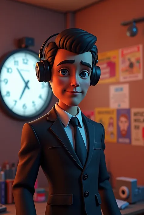 A cartoon character in fortnite style, similar to Orson Welles from the waist up, in a suit, looking badass, neutral face, 3d render style, slightly anamorphic, inside a radio booth , looking into the camera, face clearly visible, dvd screengrab UHD, carto...