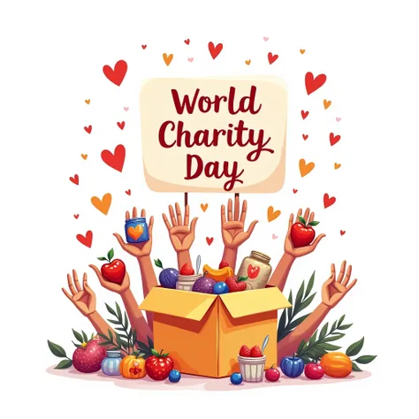 Illustration of a group of hands placing various donation items like money, food, and clothes into a charity box with a large sign saying ‘World Charity Day’ above it. The hand-drawn style features soft, friendly lines with modern color palettes, set on a ...