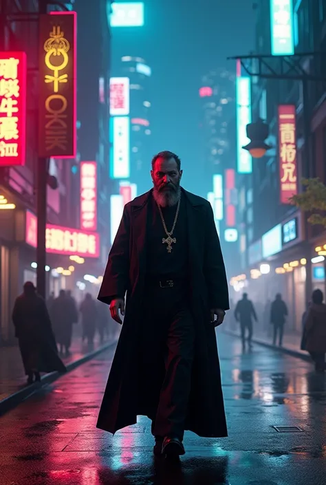 unparalleled "john cena" a neon cyberpunk city street at night, reflective wet pavement, skyscrapers and neon signs, a lone figure walking, volumetric fog, cinematic lighting, moody atmosphere, vibrant neon colors, synthwave aesthetic, (raw photoreal, max ...