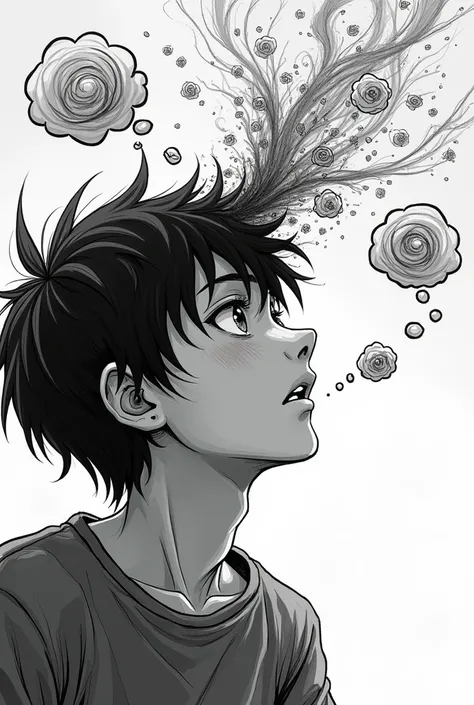 Monochrome manga art style, illustrating a moment of introspection as the character contemplates the best decision for themselves, intricately detailed features with expressive eyes reflecting their turmoil, sharp lines defining the contours of their face,...