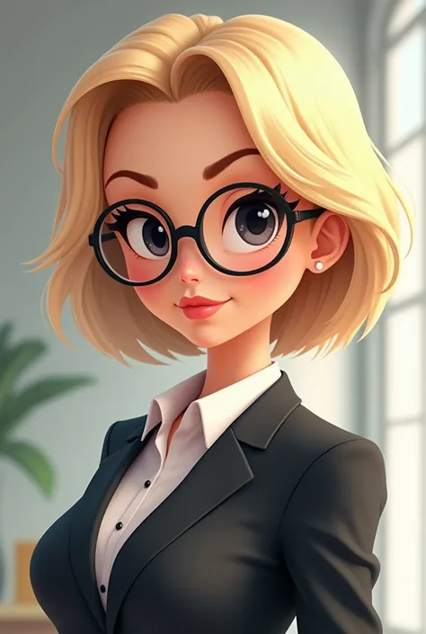 ((Best Quality)), Cartoon character, (detailed), perfect face, women, charismatic, Short blonde hair, black eyes, round glasses, executive uniform