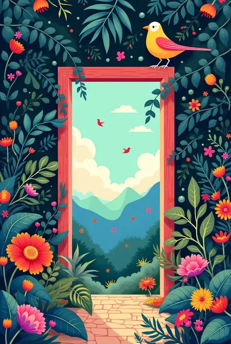 digital illustration that combines the graphic styles of pamela chen and and erica zeledon. it uses the entrance of an rectangular door with plants, birds and a surreal landscape.