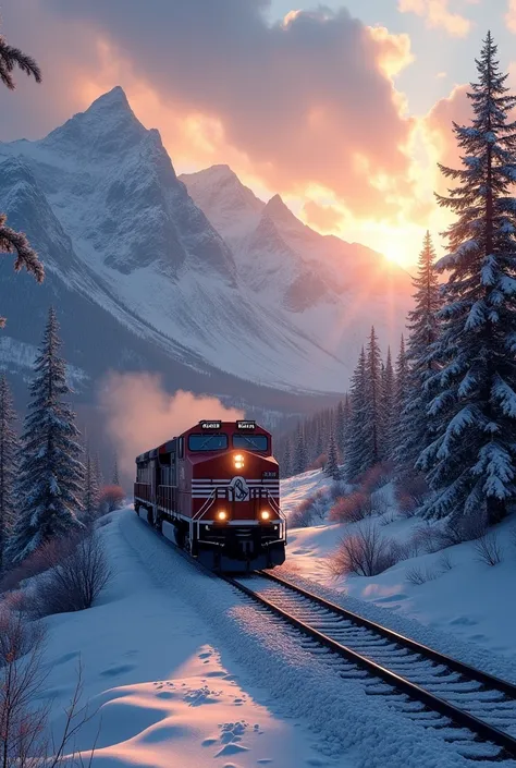 Wallpaper com um trem da Norfolk Southern, passing through snowy mountains, with the sun in the background on the horizon.