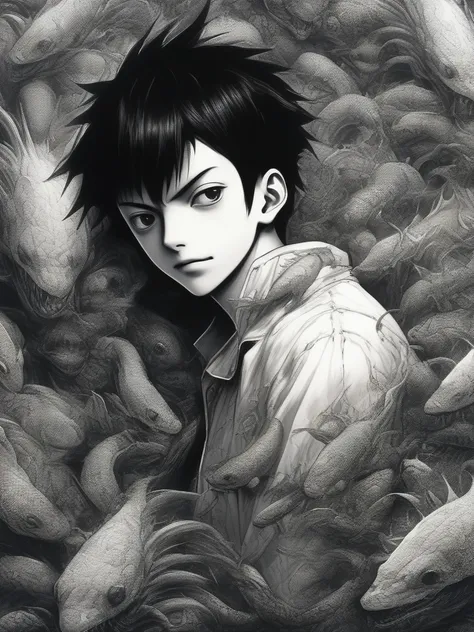 anime artwork black and white, manga about a beautiful attractive schoolboy named Daisuke, embracing ((scrary fluided organs monsters)),he has short straight black hair, schoolboy, japanese, gloomy face, depressed, smiling, crazy, creepy, horror, ,(by junj...