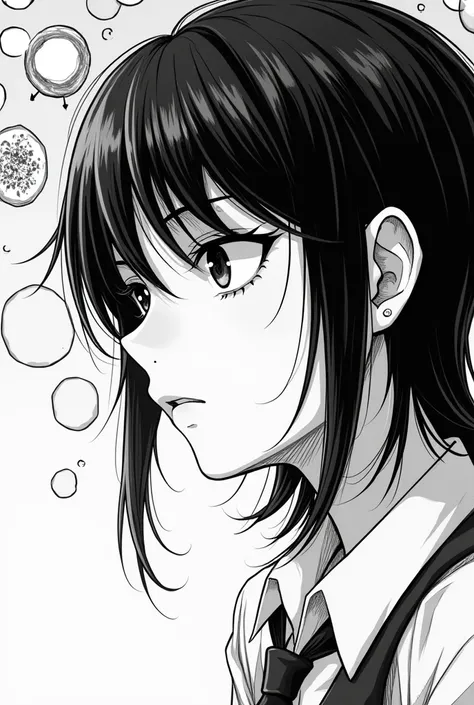 Monochrome manga art style, illustrating a moment of introspection as the character contemplates the best decision for themselves, intricately detailed features with expressive eyes reflecting their turmoil, sharp lines defining the contours of their face,...