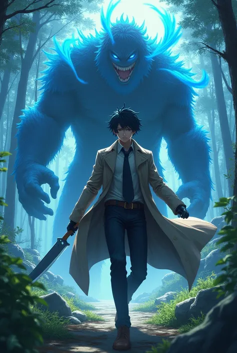 ((Best Quality)), ((masterpiece)), ((detailed)), ((High Definition)), An epic fight between a hunter and a monster in anime style. The hunter wears a suit and a trench coat, ready for any fight, with a machete in hand, with a sharp blue aura. dynamic movem...