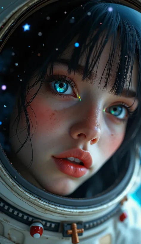 (Upper body close-up:1.5)0.9]、(Space and astronauts:1.2) (Messy black hair:1.1) (black eye) (Space Helmet:1.0) (Colored stars in the eyes:1.0) (Shining Sparkle:1.1) (Thick lips:0.9)、Stars reflected in the helmet々、Lust、Half-open mouth、Hollow Eyes、Hot cheeks