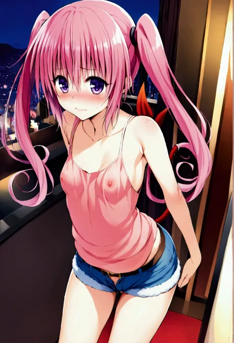 NSFW,masterpiece,Highest quality,High resolution,Very detailed,Nana Asta Deviluke(To Love-Ru),Pink Hair,Purple Eyes,long hair,Twin tails,tail,Devil&#39;s Tail,Small breasts,Tank top,Denim shorts,Low rise,Knee-high socks,Embarrassed,is nervous,Nightlife,Lov...