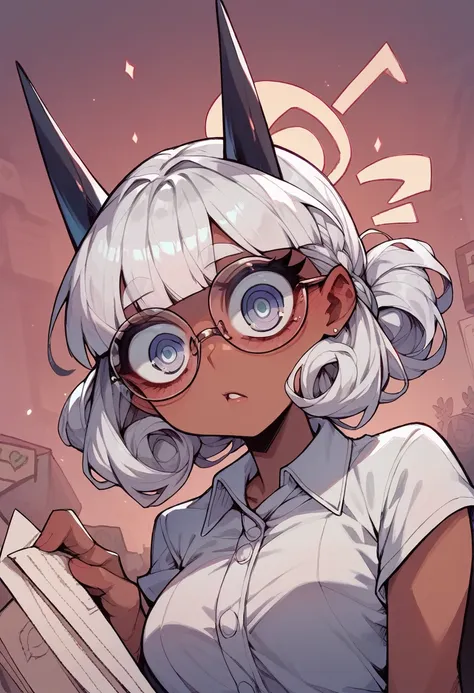 girl,with glasses, wearing light clothing, korean hair of a specific color ,cartoonized,darkskin, incompatible eyelashes.