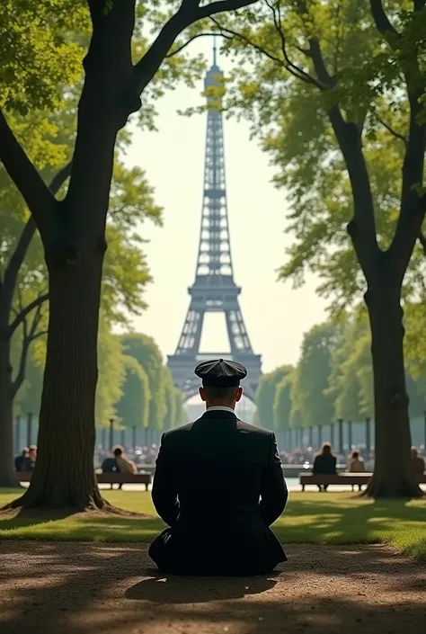 person sitting facing forward in a park in paris france