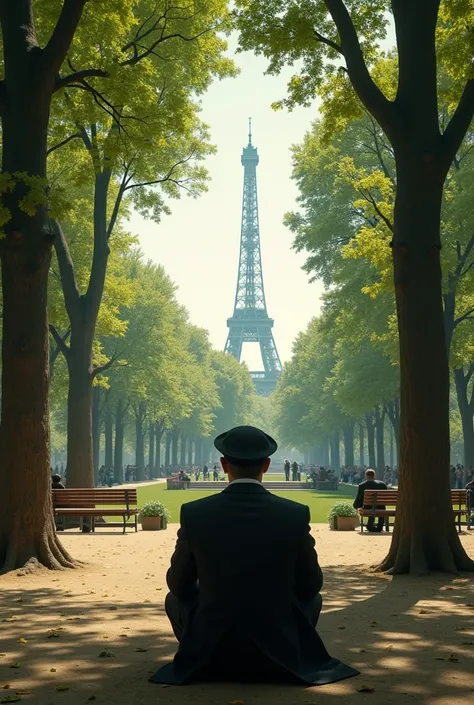 person sitting facing forward in a park in paris france