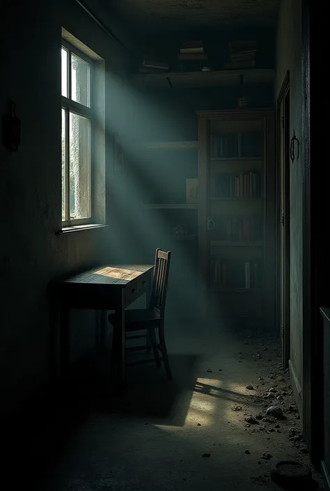 a dark room in the favela with some books in the corner a table and a wooden chair horizontally