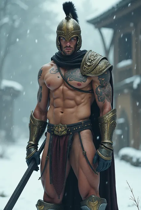 Cavaleiro magro e sexy com uma big bulge na virilha, big bulge ,  cold snowstorm, Muscular knight in the cold snow. Men in sexy transparent underwear. Sexy male knight. Knight with a big dark sword. Handsome hairless man wrestling in the snow. Knight with ...