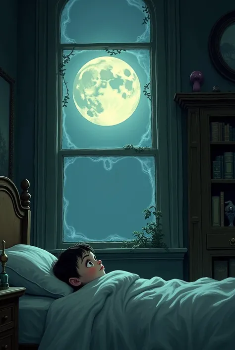 Create an image to draw in the Tim Burton style where a child is asleep and hears the window creaking. The moonlight filters through that window and reflects only a dusty mirror behind a bookcase in the mansion room.