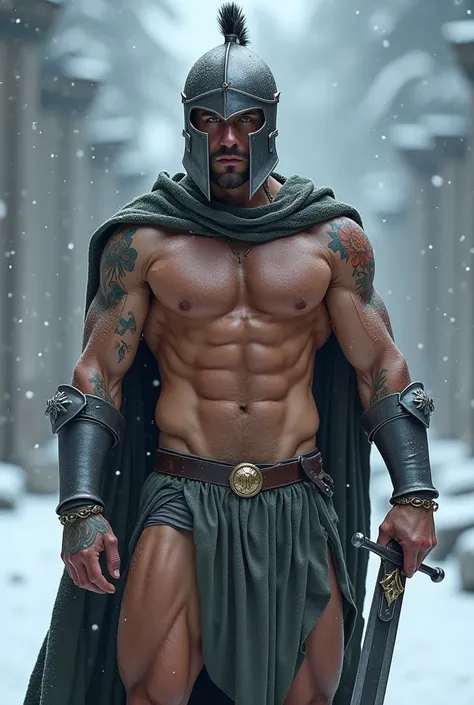 Cavaleiro magro e sexy com uma big bulge na virilha, big bulge , cold snowstorm, Muscular knight in the cold snow. Men in sexy transparent underwear. Sexy male knight. Knight with a big dark sword. Handsome hairless man wrestling in the snow. Knight with b...