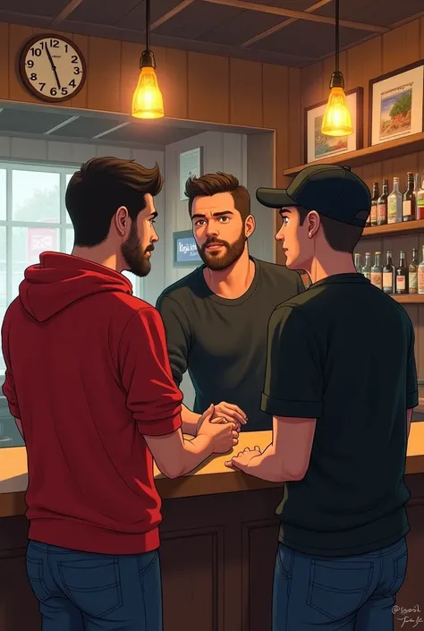 Create a drawing of a bar owner in a black shirt talking to 2 people at the bar counter, a man in a red blouse with a red hood and a man in a black blouse and a black cap