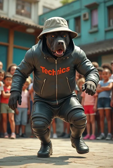 hyper-realistic photo of a Cane Corso wearing Technics clothing and bucket hat breakdancing in front of a crowd of children in a circle with a stereo in the corner