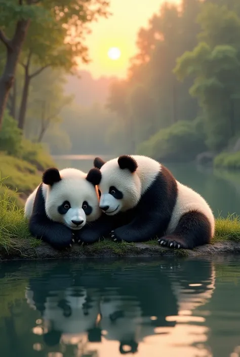 A pair of panda bears lying together on the banks of a crystal-clear river at sunset 