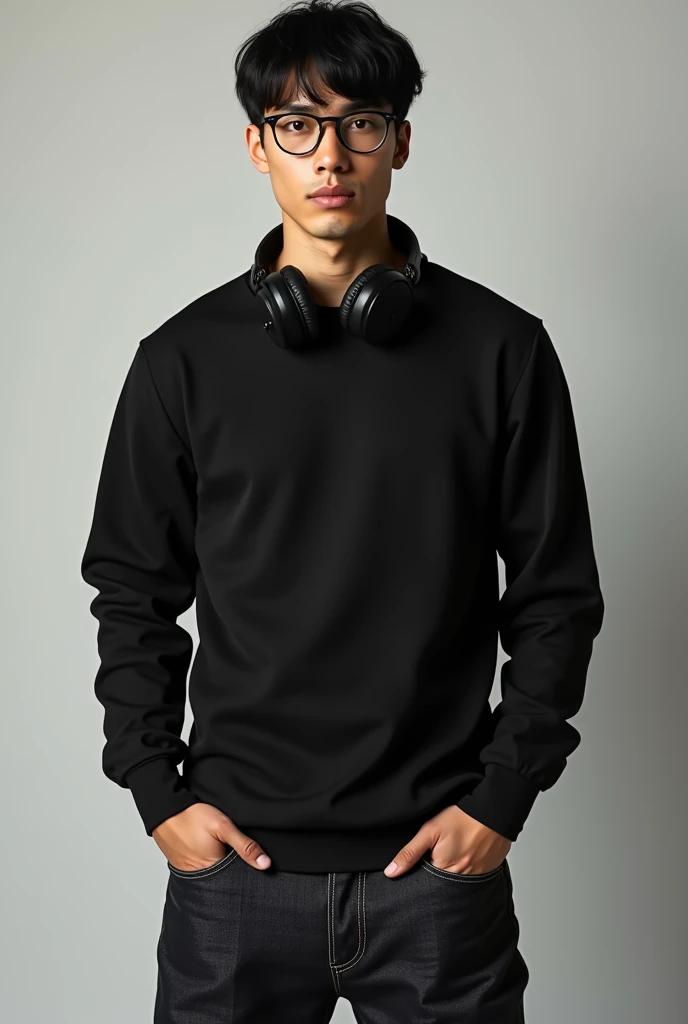 A young Brazilian man, with straight black hair, offwhite, body half muscles, wearing black glasses with no frames around the lenses, eyes browns, wearing a black long sleeved shirt, uma calça jeans oversized, using a black headphone